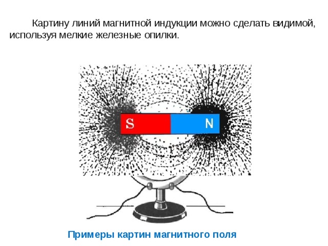  Картину линий магнитной индукции можно сделать видимой, используя мелкие железные опилки. Примеры картин магнитного поля 