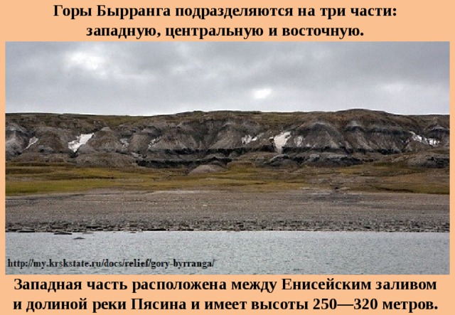 Горы Бырранга подразделяются на три части: западную, центральную и восточную. Западная часть расположена между Енисейским заливом  и долиной реки Пясина и имеет высоты 250—320 метров. 