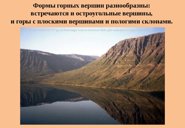 Формы горных вершин разнообразны: встречаются и остроугольные вершины, и горы с плоскими вершинами и пологими склонами.  