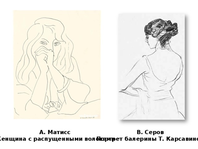 У человека, рисующего линией, как и у пишущего, есть свой почерк – своя манета вести линию, обрисовывать контуры предмета. И этот почерк может быть очень разным. А. Матисс В. Серов Женщина с распущенными волосами Портрет балерины Т. Карсавиной  