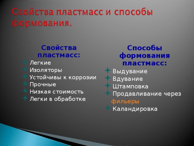 Свойства пластмасс: Способы формования пластмасс: Легкие Изоляторы Устойчивы к коррозии Прочные Низкая стоимость Легки в обработке Выдувание Вдувание Штамповка Продавливание через  фильеры Каландировка 