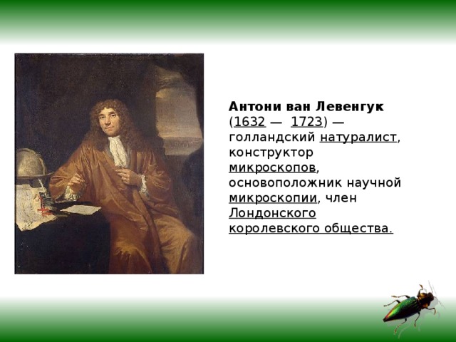 Антони ван Левенгук ( 1632 — 1723 ) — голландский натуралист , конструктор микроскопов , основоположник научной микроскопии , член Лондонского королевского общества. 
