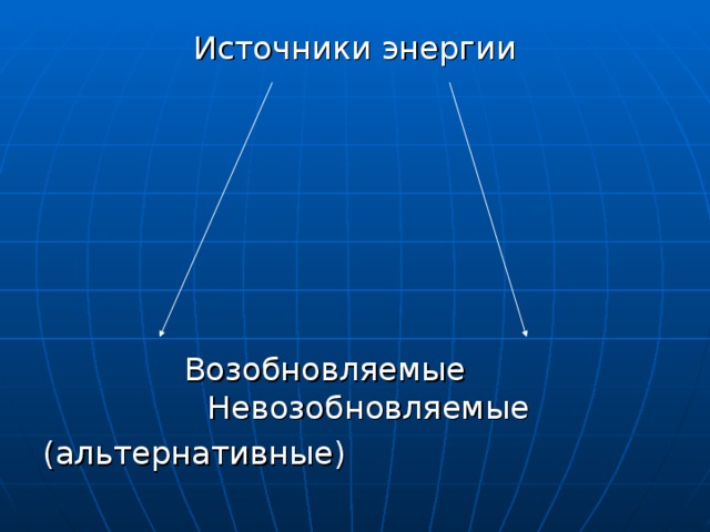 Источники энергии Возобновляемые Невозобновляемые (альтернативные) 