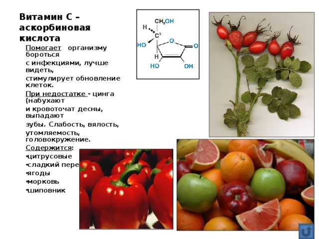 Витамин С – аскорбиновая кислота Помогает организму бороться с инфекциями, лучше видеть, стимулирует обновление клеток. При недостатке - цинга (набухают и кровоточат десны, выпадают зубы. Слабость, вялость, утомляемость, головокружение. Содержится : цитрусовые сладкий перец ягоды морковь шиповник   