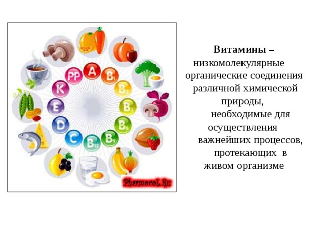 Витамины – низкомолекулярные органические соединения различной химической природы,  необходимые для осуществления  важнейших процессов,  протекающих в живом организме 