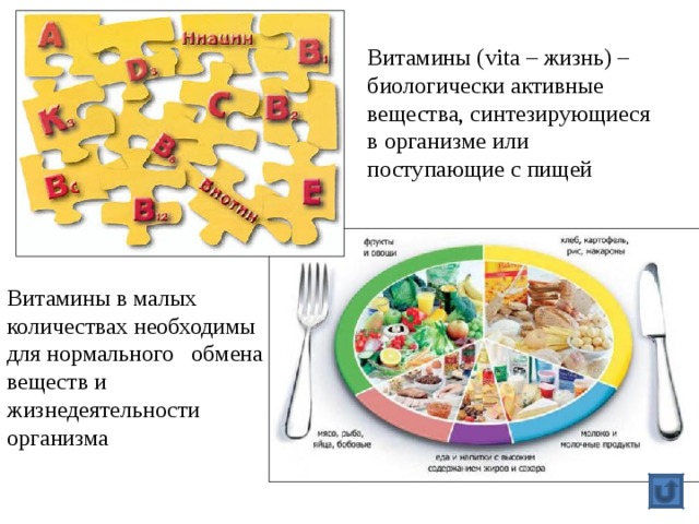 Витамины ( vita – жизнь) – биологически активные вещества, синтезирующиеся в организме или поступающие с пищей Витамины в малых количествах необходимы для нормального обмена веществ и жизнедеятельности организма 