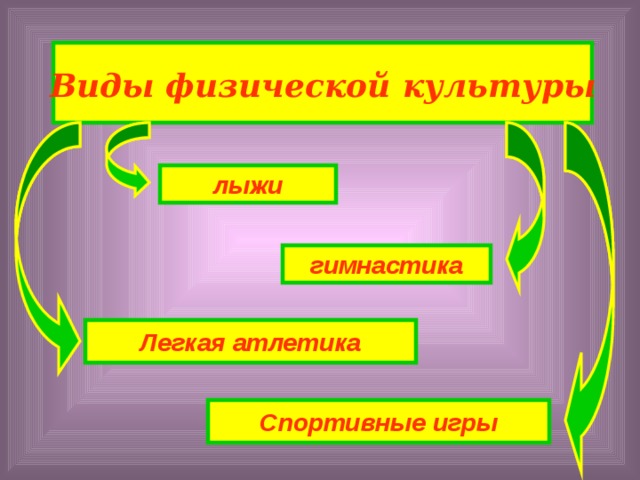 Виды физической  культуры лыжи гимнастика Легкая атлетика Спортивные игры 