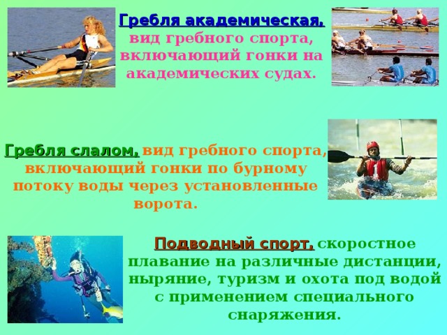 Гребля академическая,  вид гребного спорта, включающий гонки на академических судах. Гребля слалом,  вид гребного спорта, включающий гонки по бурному потоку воды через установленные ворота. Подводный спорт,  скоростное плавание на различные дистанции, ныряние, туризм и охота под водой с применением специального снаряжения. 