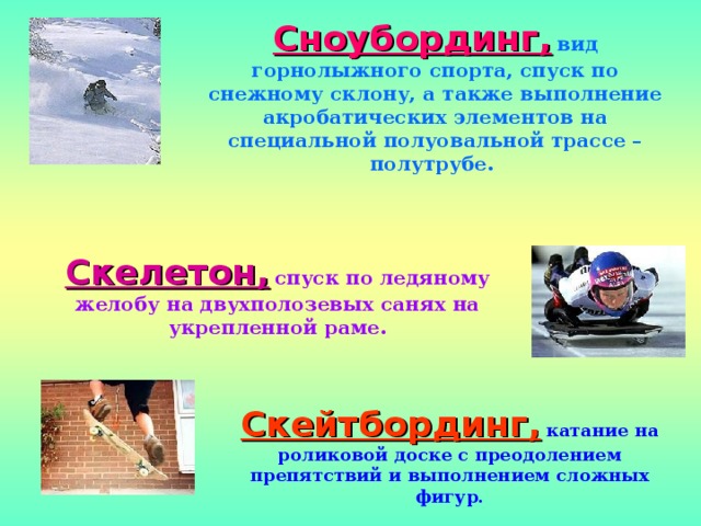 Сноубординг,  вид горнолыжного спорта, спуск по снежному склону, а также выполнение акробатических элементов на специальной полуовальной трассе – полутрубе. Скелетон,  спуск по ледяному желобу на двухполозевых санях на укрепленной раме. Скейтбординг,  катание на роликовой доске с преодолением препятствий и выполнением сложных фигур. 