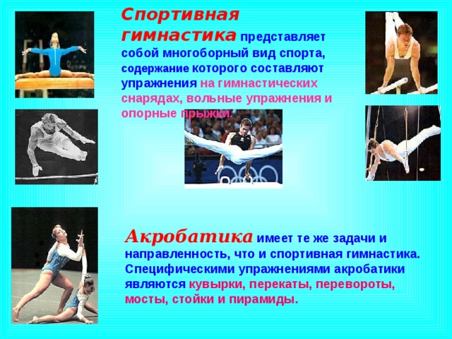 Спортивная гимнастика  представляет собой многоборный вид спорта, содержание которого составляют упражнения  на гимнастических снарядах, вольные упражнения и опорные прыжки. Акробатика  имеет те же задачи и направленность, что и спортивная гимнастика. Специфическими упражнениями акробатики являются  кувырки, перекаты, перевороты, мосты, стойки и пирамиды. 