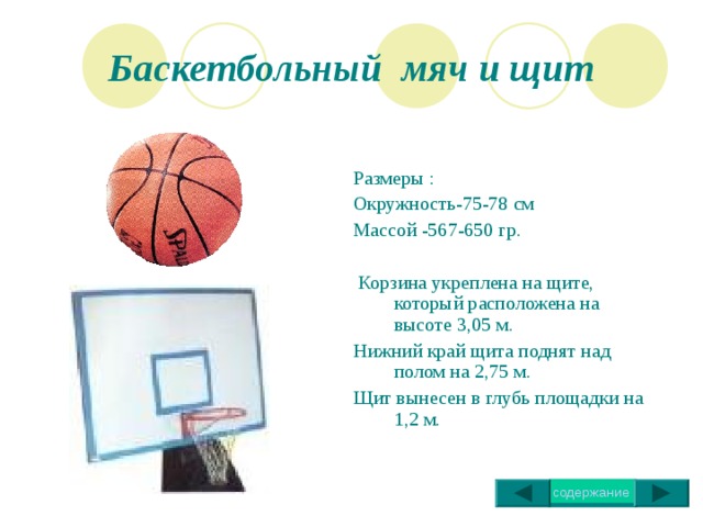 Баскетбольный мяч и щит Размеры : Окружность-75-78 см Массой -567-650 гр.  Корзина укреплена на щите, который расположена на высоте 3,05 м. Нижний край щита поднят над полом на 2,75 м. Щит вынесен в глубь площадки на 1,2 м. 