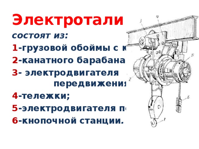 Электротали состоят из: 1 -грузовой обоймы с крюком ; 2 -канатного барабана; 3 - электродвигателя передвижения ; 4 -тележки; 5 -электродвигателя подъема ; 6 -кнопочной станции . 