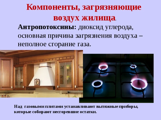 Компоненты, загрязняющие  воздух жилища . Антропотоксины: диоксид углерода, основная причина загрязнения воздуха – неполное сгорание газа.    Над газовыми плитами устанавливают вытяжные приборы, которые собирают несгоревшие остатки. 