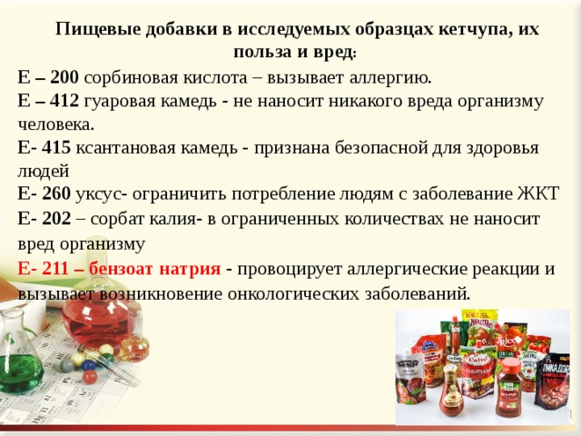 Пищевые добавки в исследуемых образцах кетчупа, их польза и вред : Е – 200 сорбиновая кислота – вызывает аллергию. Е – 412 гуаровая камедь - не наносит никакого вреда организму человека. Е- 415 ксантановая камедь - признана безопасной для здоровья людей Е- 260 уксус- ограничить потребление людям с заболевание ЖКТ E- 202 – сорбат калия- в ограниченных количествах не наносит вред организму Е- 211 – бензоат натрия - провоцирует аллергические реакции и вызывает возникновение онкологических заболеваний. 