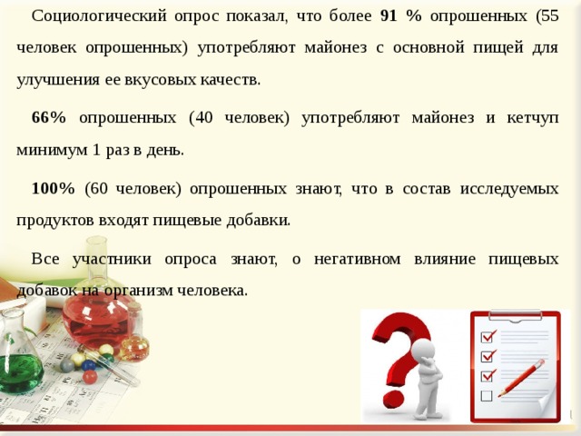 Социологический опрос показал, что более 91 % опрошенных (55 человек опрошенных) употребляют майонез с основной пищей для улучшения ее вкусовых качеств. 66% опрошенных (40 человек) употребляют майонез и кетчуп минимум 1 раз в день. 100% (60 человек) опрошенных знают, что в состав исследуемых продуктов входят пищевые добавки. Все участники опроса знают, о негативном влияние пищевых добавок на организм человека. 