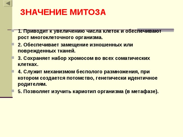 ЗНАЧЕНИЕ МИТОЗА 1. Приводит к увеличению числа клеток и обеспечивают рост многоклеточного организма. 2. Обеспечивает замещение изношенных или поврежденных тканей. 3. Сохраняет набор хромосом во всех соматических клетках. 4. Служит механизмом бесполого размножения, при котором создается потомство, генетически идентичное родителям. 5. Позволяет изучить кариотип организма (в метафазе). 
