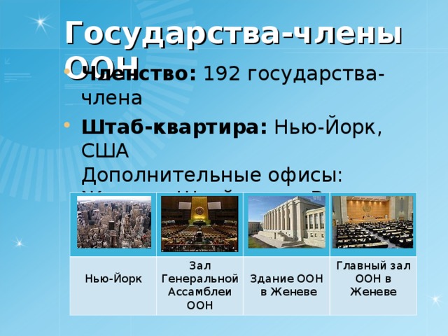 Государства-члены ООН   Членство: 192 государства-члена Штаб-квартира: Нью-Йорк, США  Дополнительные офисы:  Женева, Швейцария, Вена, Австрия,  Найроби, Кения Нью-Йорк Зал Генеральной Ассамблеи ООН Здание ООН  в Женеве Главный зал ООН в Женеве 