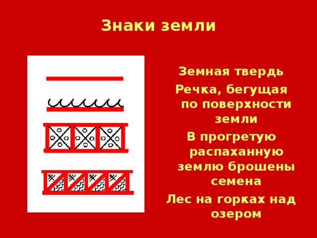 Знаки земли Земная твердь Речка, бегущая по поверхности земли В прогретую распаханную землю брошены семена Лес на горках над озером  