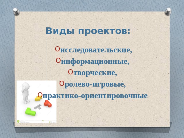 Виды проектов: исследовательские, информационные, творческие, ролево-игровые, практико-ориентировочные 