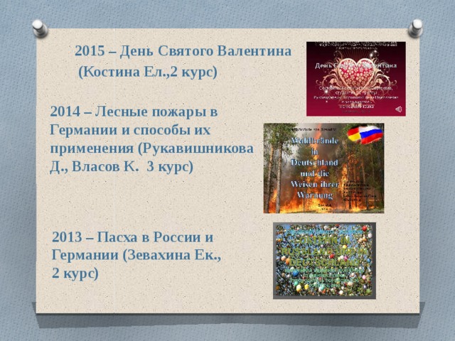 2015 – День Святого Валентина  (Костина Ел.,2 курс)  2014 – Лесные пожары в Германии и способы их применения (Рукавишникова Д., Власов К. 3 курс) 2013 – Пасха в России и Германии (Зевахина Ек., 2 курс) 
