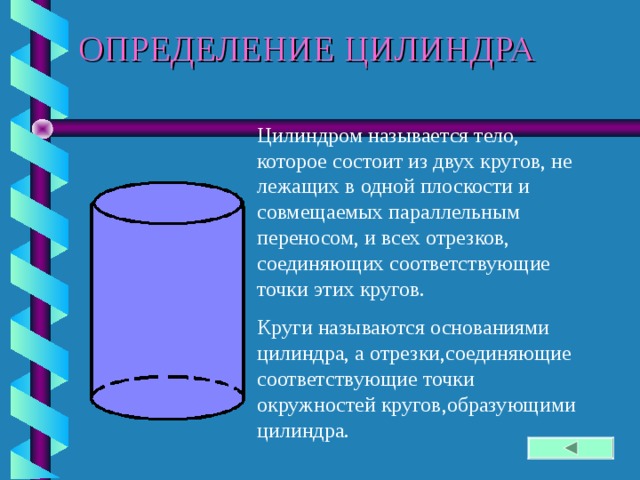 ОПРЕДЕЛЕНИЕ ЦИЛИНДРА Цилиндром называется тело, которое состоит из двух кругов, не лежащих в одной плоскости и совмещаемых параллельным переносом, и всех отрезков, соединяющих соответствующие точки этих кругов. Круги называются основаниями цилиндра, а отрезки,соединяющие соответствующие точки окружностей кругов,образующими цилиндра. 5 