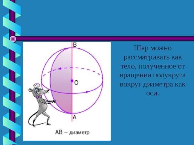 Шар можно рассматривать как тело, полученное от вращения полукруга вокруг диаметра как оси. 41 