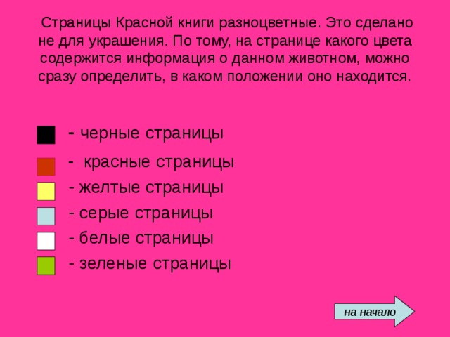 Страницы Красной книги разноцветные. Это сделано не для украшения. По тому, на странице какого цвета содержится информация о данном животном, можно сразу определить, в каком положении оно находится.  - черные страницы   - красные страницы  - желтые страницы  - серые страницы  - белые страницы  - зеленые страницы на начало 