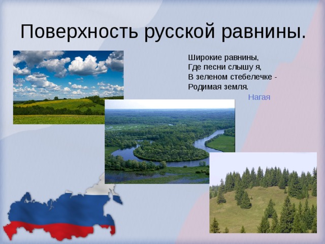 Поверхность русской равнины. Широкие равнины,  Где песни слышу я,  В зеленом стебелечке -  Родимая земля. Нагая 