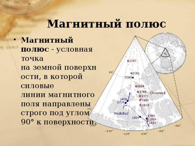 Магнитный полюс Магнитный полюс - условная точка на земной поверхности, в которой силовые линии магнитного поля направлены строго под углом 90° к поверхности. 