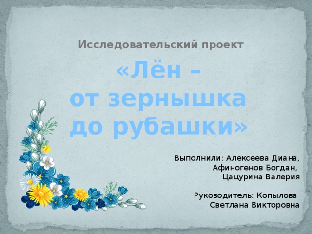 Исследовательский проект «Лён – от зернышка до рубашки» Выполнили: Алексеева Диана, Афиногенов Богдан, Цацурина Валерия Руководитель: Копылова Светлана Викторовна 