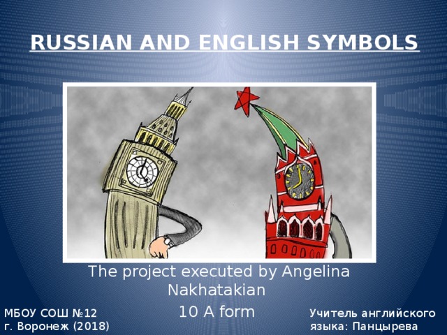 RUSSIAN AND ENGLISH SYMBOLS The project executed by Angelina Nakhatakian 10 A form МБОУ СОШ №12  г. Воронеж (2018) Учитель английского языка: Панцырева Л.В. 