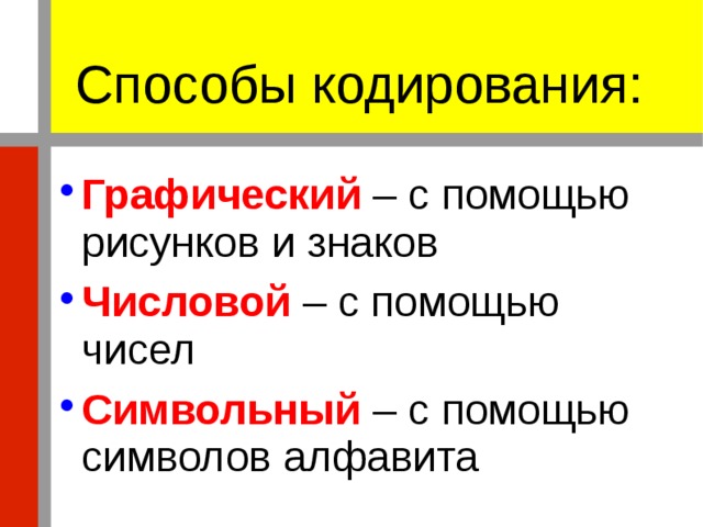 Способы кодирования: Графический – с помощью рисунков и знаков Числовой – с помощью чисел Символьный – с помощью символов алфавита 