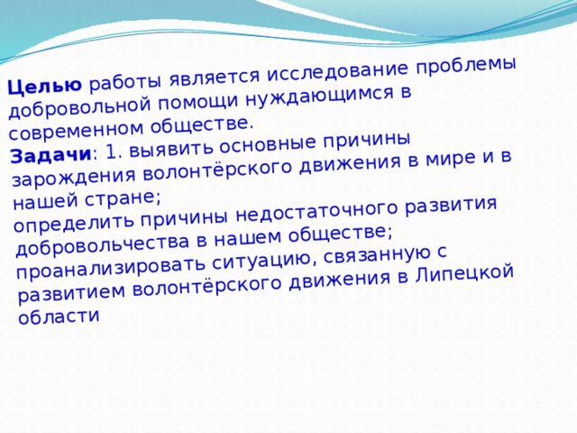 Целью  работы является исследование проблемы добровольной помощи нуждающимся в современном обществе. Задачи : 1. выявить основные причины зарождения волонтёрского движения в мире и в нашей стране; определить причины недостаточного развития добровольчества в нашем обществе; проанализировать ситуацию, связанную с развитием волонтёрского движения в Липецкой области 