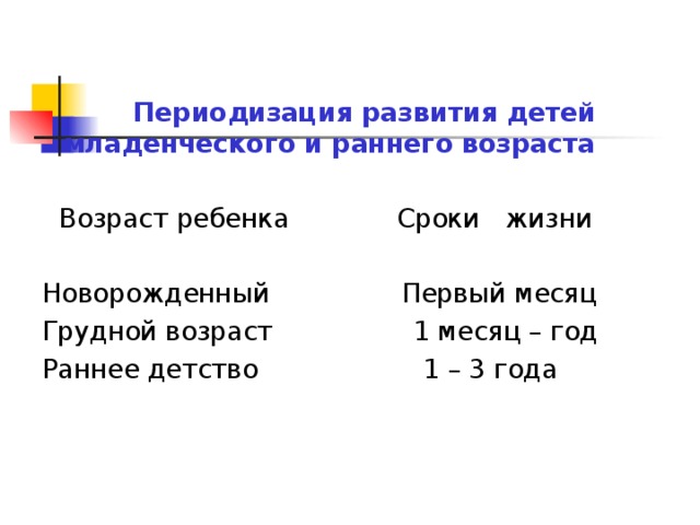  Периодизация развития детей младенческого и раннего возраста   Возраст ребенка Сроки жизни Новорожденный Первый месяц Грудной возраст 1 месяц – год Раннее детство 1 – 3 года 