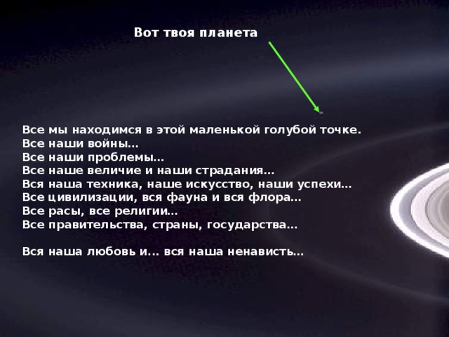 Вот твоя планета Все мы находимся в этой маленькой голубой точке. Все наши войны… Все наши проблемы… Все наше величие и наши страдания… Вся наша техника, наше искусство, наши успехи… Все цивилизации, вся фауна и вся флора… Все расы, все религии… Все правительства, страны, государства…  Вся наша любовь и... вся наша ненависть…   17 