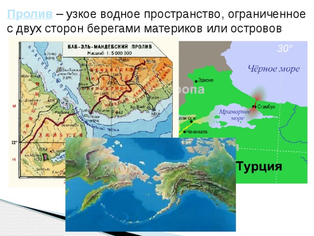 Пролив  – узкое водное пространство, ограниченное с двух сторон берегами материков или островов 