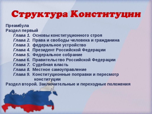 Преамбула Раздел первый Глава 1.  Основы конституционного строя Глава 2.  Права и свободы человека и гражданина Глава 3.  федеральное устройство Глава 4.  Президент Российской Федерации Глава 5.   Федеральное собрание Глава 6.  Правительство Российской Федерации Глава 7.   Судебная власть Глава 8.   Местное самоуправление Глава 9.  Конституционные поправки и пересмотр  конституции Глава 1.  Основы конституционного строя Глава 2.  Права и свободы человека и гражданина Глава 3.  федеральное устройство Глава 4.  Президент Российской Федерации Глава 5.   Федеральное собрание Глава 6.  Правительство Российской Федерации Глава 7.   Судебная власть Глава 8.   Местное самоуправление Глава 9.  Конституционные поправки и пересмотр  конституции Раздел второй. Заключительные и переходные положения  
