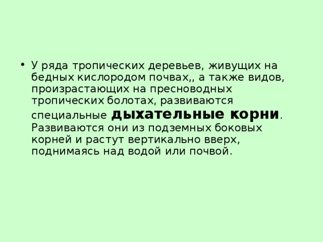 У ряда тропических деревьев, живущих на бедных кислородом почвах,, а также видов, произрастающих на пресноводных тропических болотах, развиваются специальные дыхательные корни . Развиваются они из подземных боковых корней и растут вертикально вверх, поднимаясь над водой или почвой. 