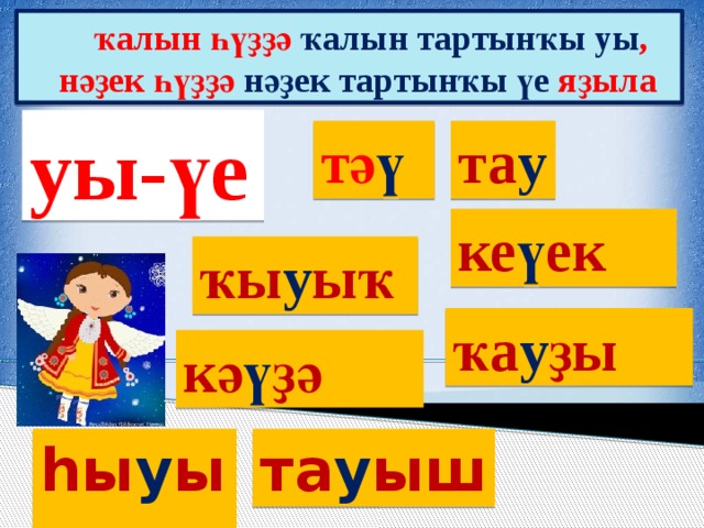  ҡалын һүҙҙә ҡалын тартынҡы уы ,  нәҙек һүҙҙә нәҙек тартынҡы үе яҙыла уы-үе тә ү та у ке ү ек ҡы у ыҡ ҡа у ҙы кә ү ҙә һы у ыҡ та у ыш 