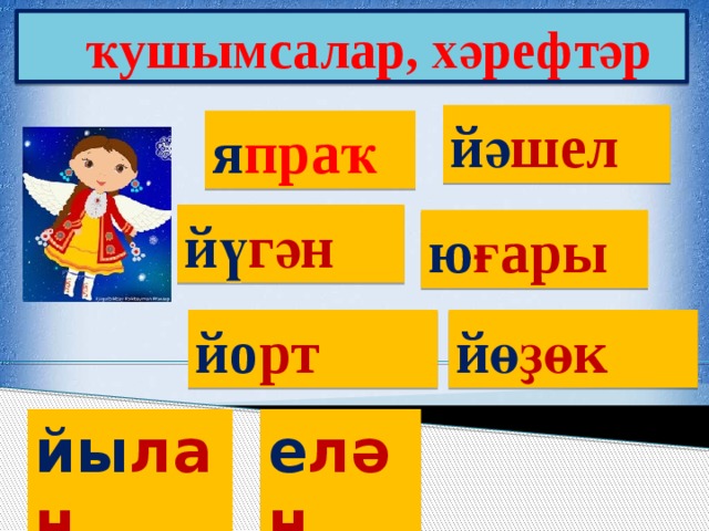 ҡушымсалар, хәрефтәр йә шел я праҡ йү гән ю ғары йо рт йө ҙөк йы лан е лән 