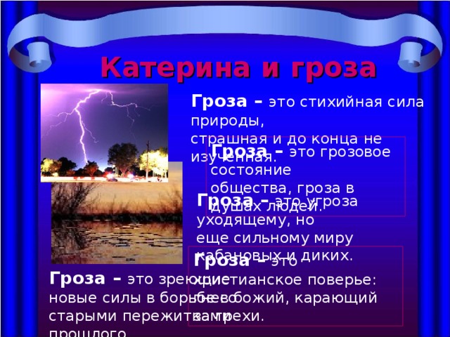 Катерина и гроза Гроза – это стихийная сила природы, страшная и до конца не изученная. Гроза – это грозовое состояние общества, гроза в душах людей. Гроза – это угроза уходящему, но еще сильному миру кабановых и диких. Гроза – это христианское поверье: гнев божий, карающий за грехи. Гроза – это зреющие новые силы в борьбе со старыми пережитками прошлого. 