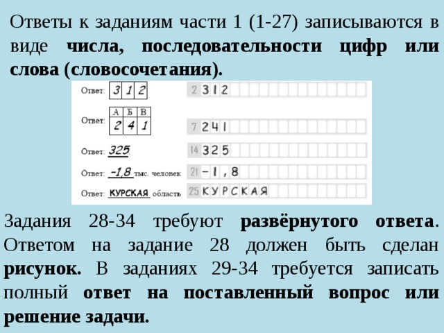 Ответы к заданиям части 1 (1-27) записываются в виде числа, последовательности цифр или слова (словосочетания). Задания 28-34 требуют развёрнутого ответа . Ответом на задание 28 должен быть сделан рисунок. В заданиях 29-34 требуется записать полный ответ на поставленный вопрос или решение задачи. 