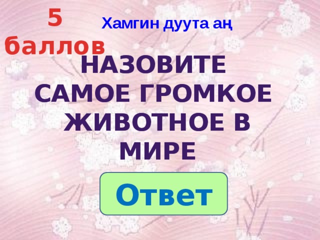 Хамгин дуута аң  5 баллов Назовите Назовите самое громкое самое громкое животное в мире животное в мире Ответ 