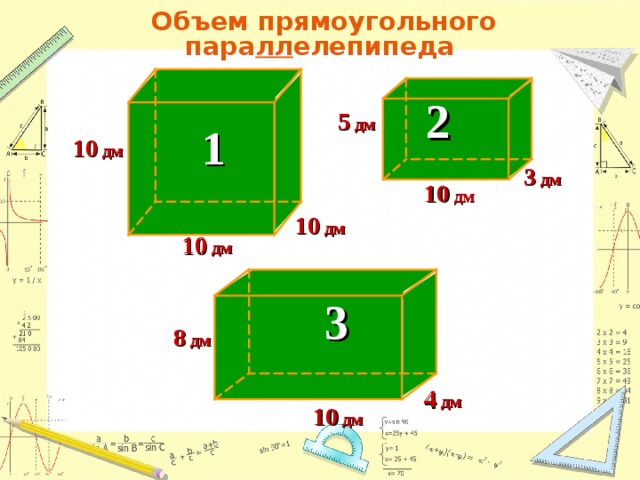 Объем прямоугольного  пара лл елепипеда 2 5 дм 1 10 дм 3 дм 10 дм 10 дм 10 дм 3 8 дм 4 дм 1 0 дм 