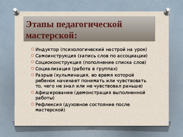 Этапы педагогической мастерской: Индуктор (психологический настрой на урок) Самоинструкция (запись слов по ассоциации) Социоконструкция (пополнение списка слов) Социализация (работа в группах) Разрыв (кульминация, во время которой ребенок начинает понимать или чувствовать то, чего не знал или не чувствовал раньше) Афиширование (демонстрация выполненной работы) Рефлексия (духовное состояние после мастерской) 