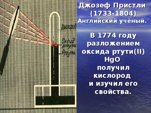      Джозеф Пристли (1733-1804)  Английский учёный.   В 1774 году разложением оксида ртути( II ) HgO   получил кислород  и  изучил его свойства.    