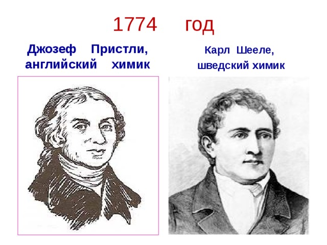 1774 год Джозеф Пристли, английский химик Карл Шееле, шведский химик 