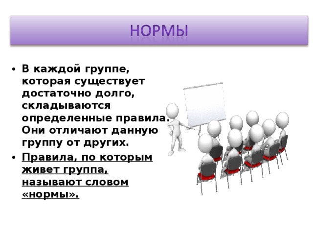В каждой группе, которая существует достаточно долго, складываются определенные правила. Они отличают данную группу от других. Правила, по которым живет группа, называют словом «нормы». 