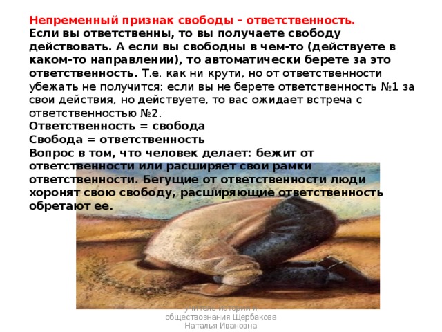 Непременный признак свободы – ответственность. Если вы ответственны, то вы получаете свободу действовать. А если вы свободны в чем-то (действуете в каком-то направлении), то автоматически берете за это ответственность.  Т.е. как ни крути, но от ответственности убежать не получится: если вы не берете ответственность №1 за свои действия, но действуете, то вас ожидает встреча с ответственностью №2. Ответственность = свобода Свобода = ответственность Вопрос в том, что человек делает: бежит от ответственности или расширяет свои рамки ответственности. Бегущие от ответственности люди хоронят свою свободу, расширяющие ответственность обретают ее.  учитель истории и обществознания Щербакова Наталья Ивановна 