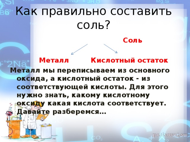 Как правильно составить соль?  Соль   Металл Кислотный остаток Металл мы переписываем из основного оксида, а кислотный остаток - из соответствующей кислоты. Для этого нужно знать, какому кислотному оксиду какая кислота соответствует. Давайте разберемся…   